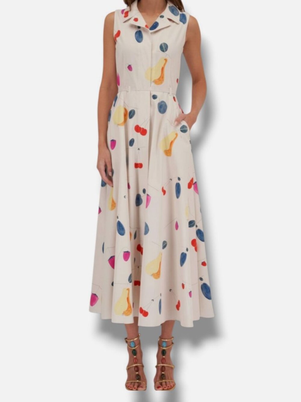 Akris Women's Beige Fruit Print Poplin Midi Cotton Shirt Dress Size 6